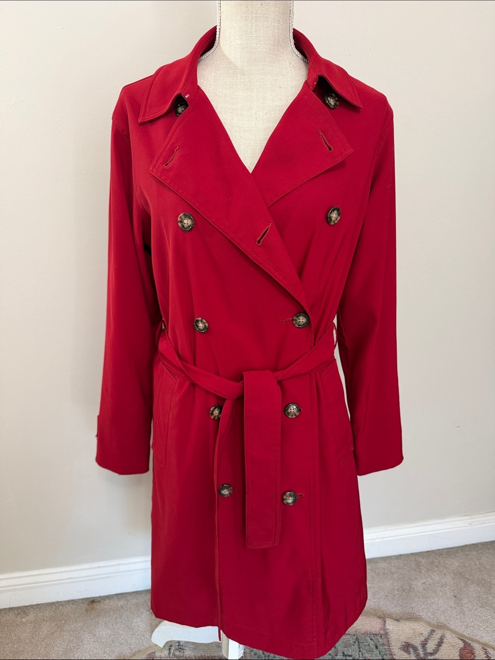 L.L. Bean Red Double-Breasted Trench with Belt